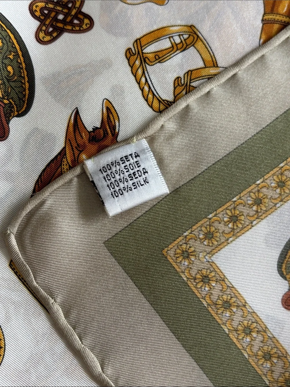 Unbranded Equestrian Motif Print Silk Scarf Ivory Gold & Olive Handmade